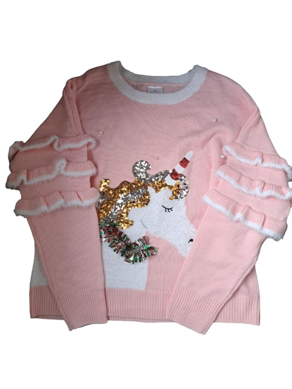 99 JANE STREET Christmas UNICORN sweater pink white tinsel sequins pearly XXL